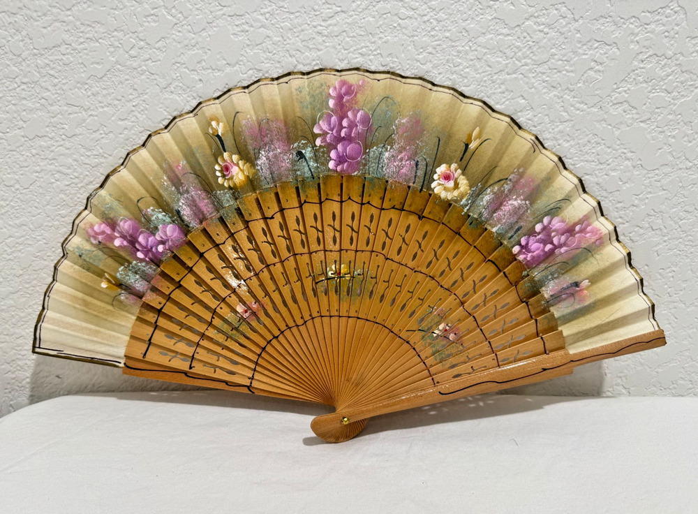 Vtg Hand Painted Folding Fan Spanish Wooden Purple Floral Open Cut Work w Case